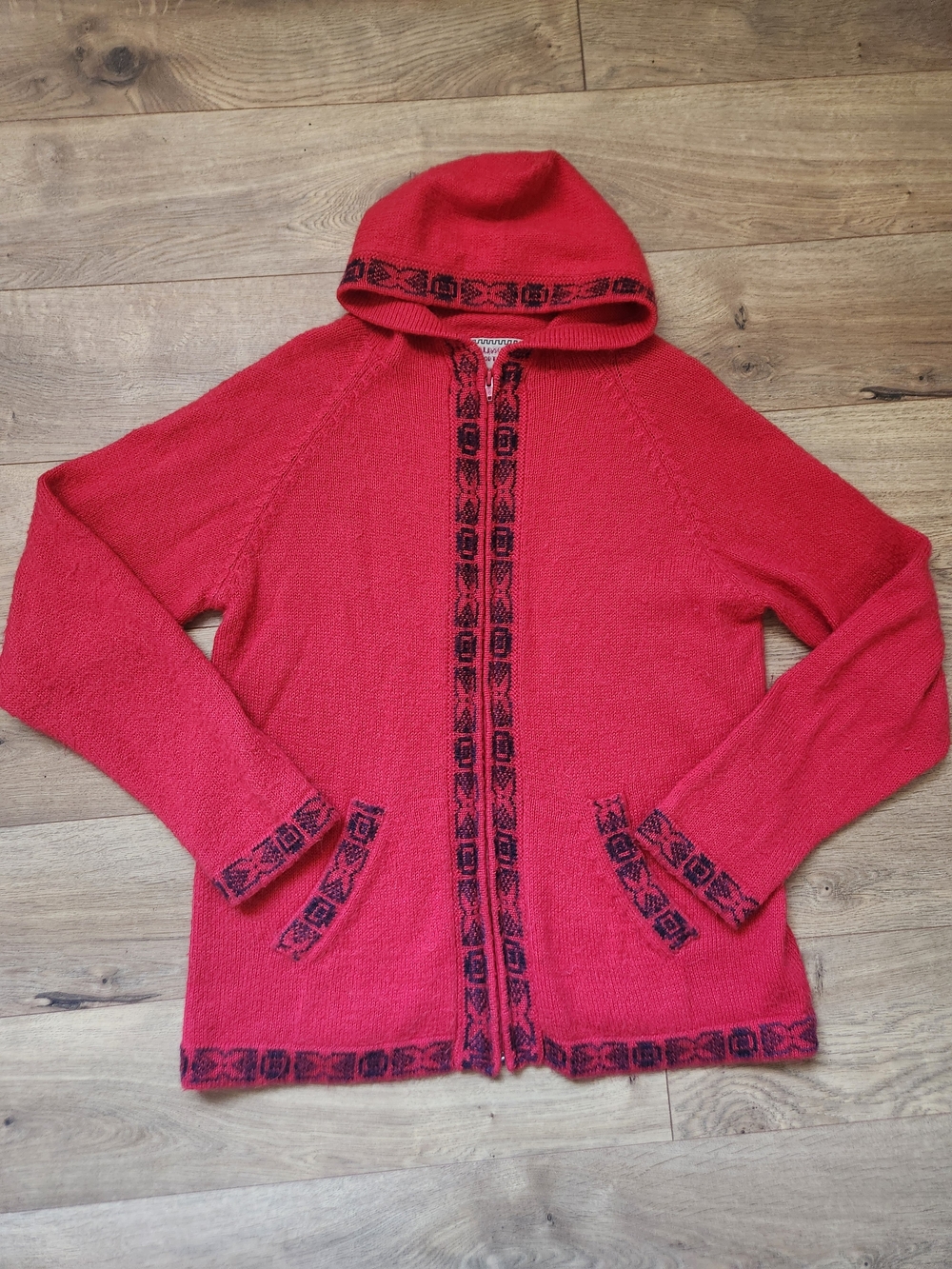 Alpaca Imports Wool Red Black Full Zip Hooded Knit Cardigan Large Made In Peru